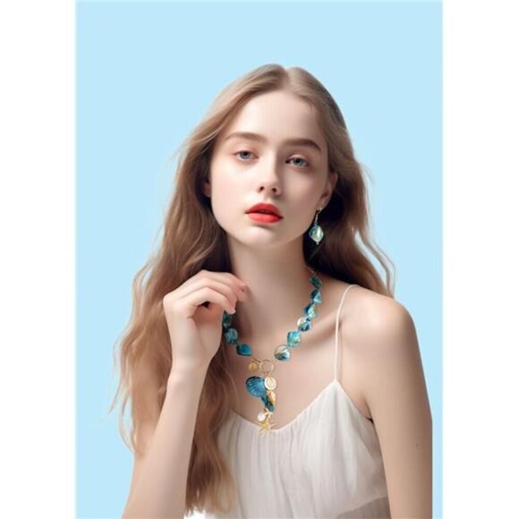 Turquoise Seashell Charm Necklace and Earrings Set – Boho Beach Jewelry - Picture 3 of 5